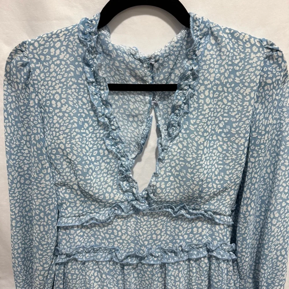 Deep V Ruffle Long Sleeve Mini Dress Open Back Sheer Leopard Print Layered Skirt - Picture 3 of 16